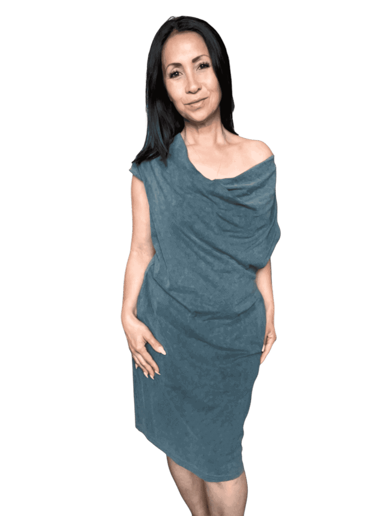 Mel H Lopez Binge Eating Specialist in an All Saints grey roman style dress